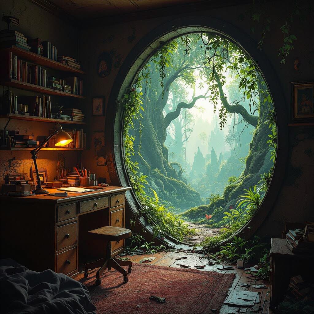 Mythical Forest Portal in Messy Bedroom, Fantasy Concept Art