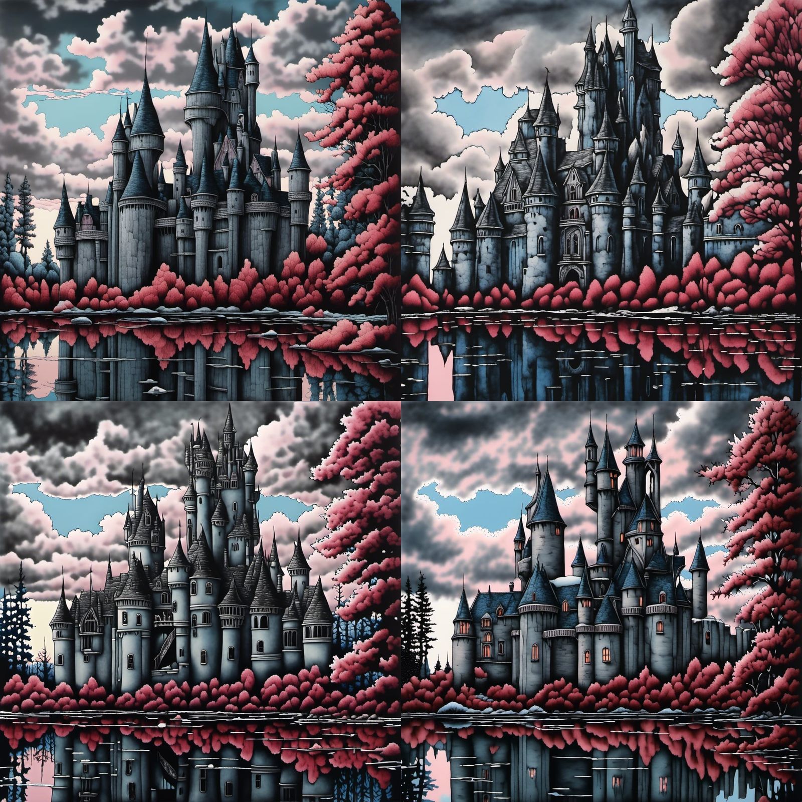 Castle, fields,  fantasy background, finely detailed pen and ink, finely detailed watercolor, blue sky, pale  pale pink ...