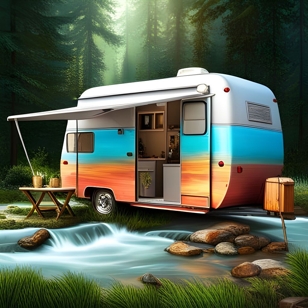 Boho Wood Camper in Forest: Hyperrealistic Splash Art