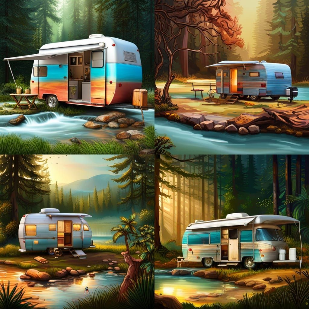 Boho Camper in Forest: Hyperrealistic Splash Art