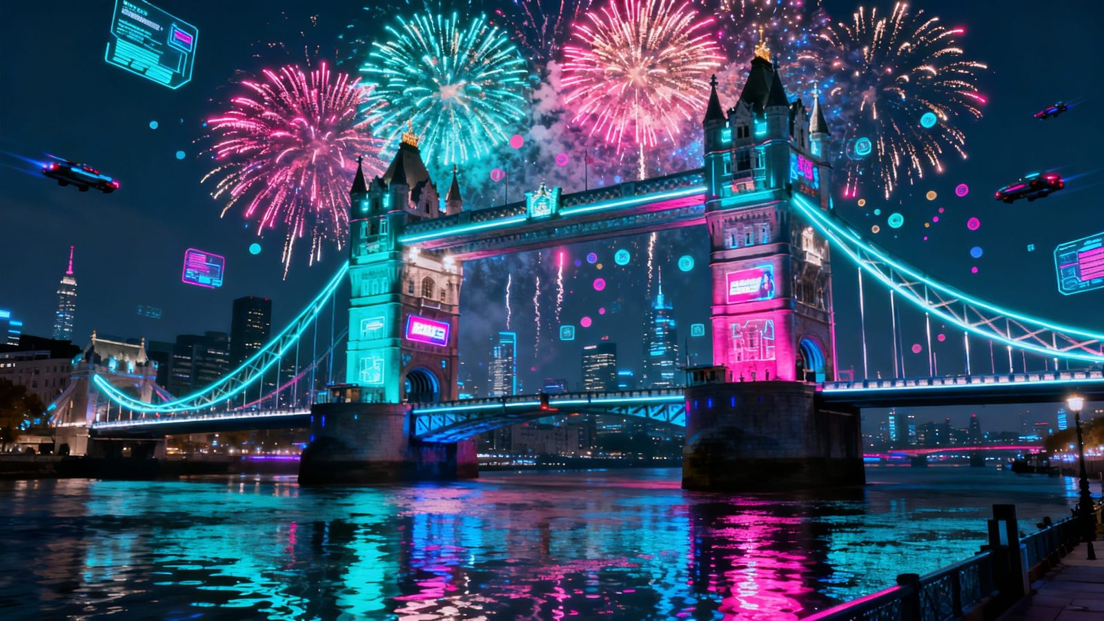 Cyberpunk Cityscape with Bridge and Fireworks