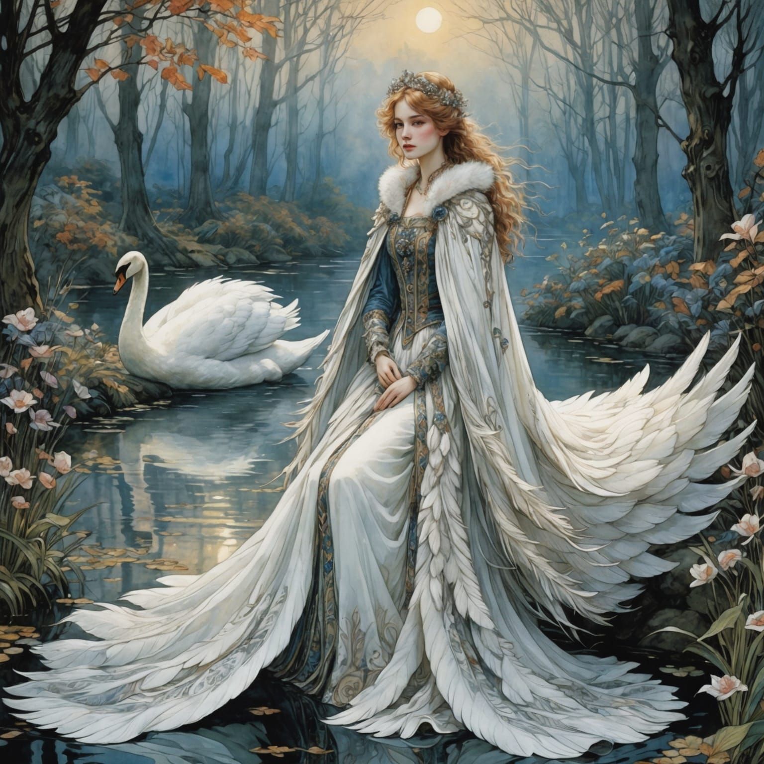 Swan Maiden in Feather Cloak, Arthur Rackham Style