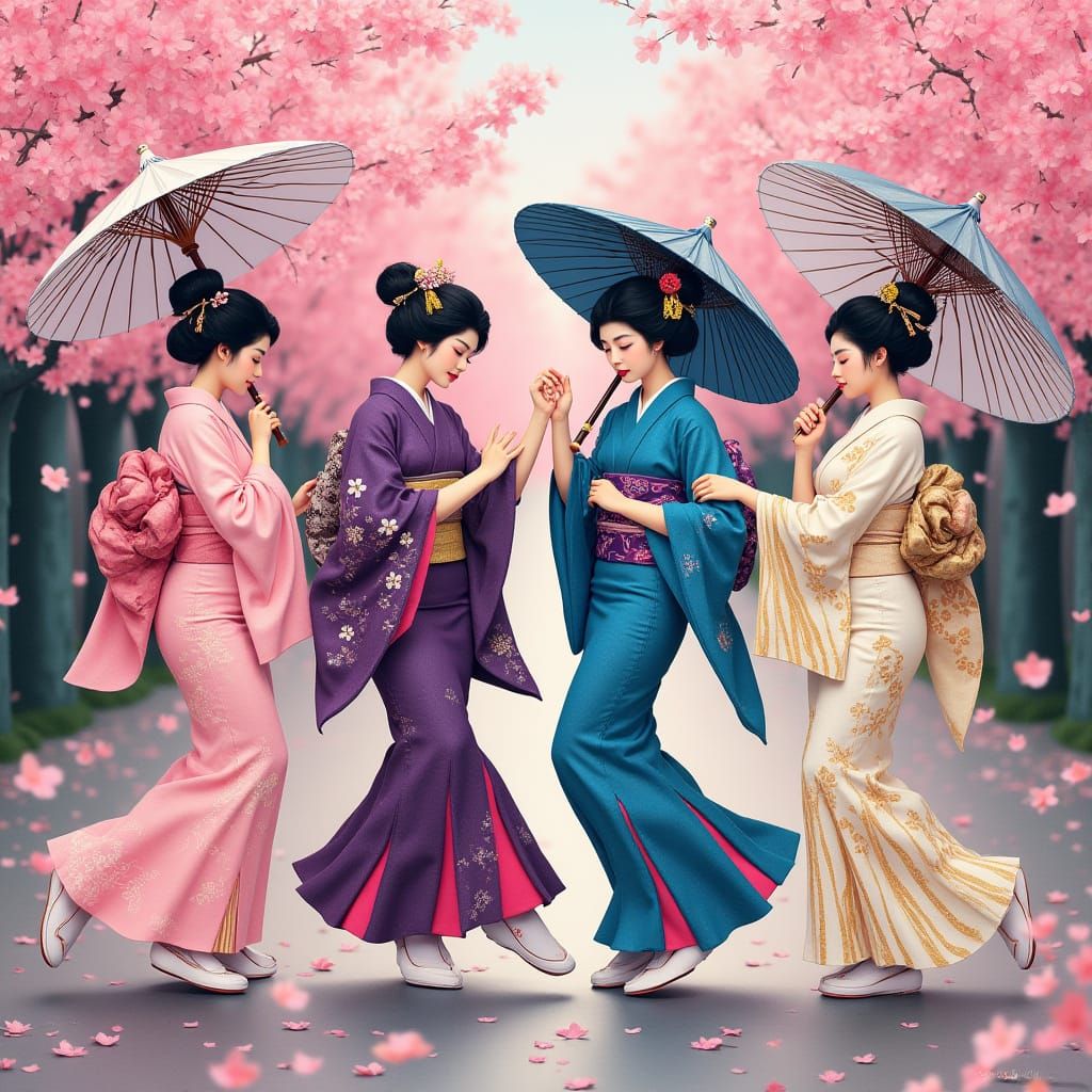 Sakura Dance: Japanese Women in Cherry Blossom Forest