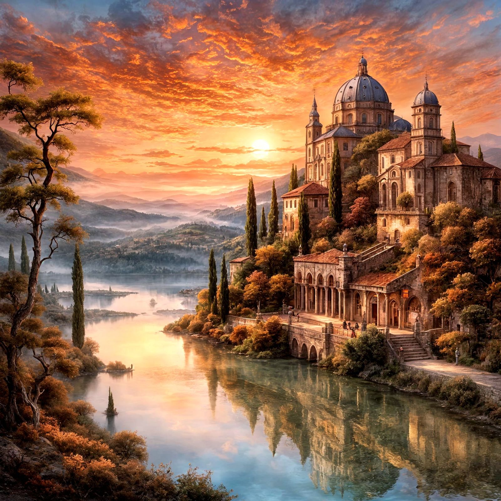 Tuscan Sunset Over Quiet Lake: Digital Art in Royo Style