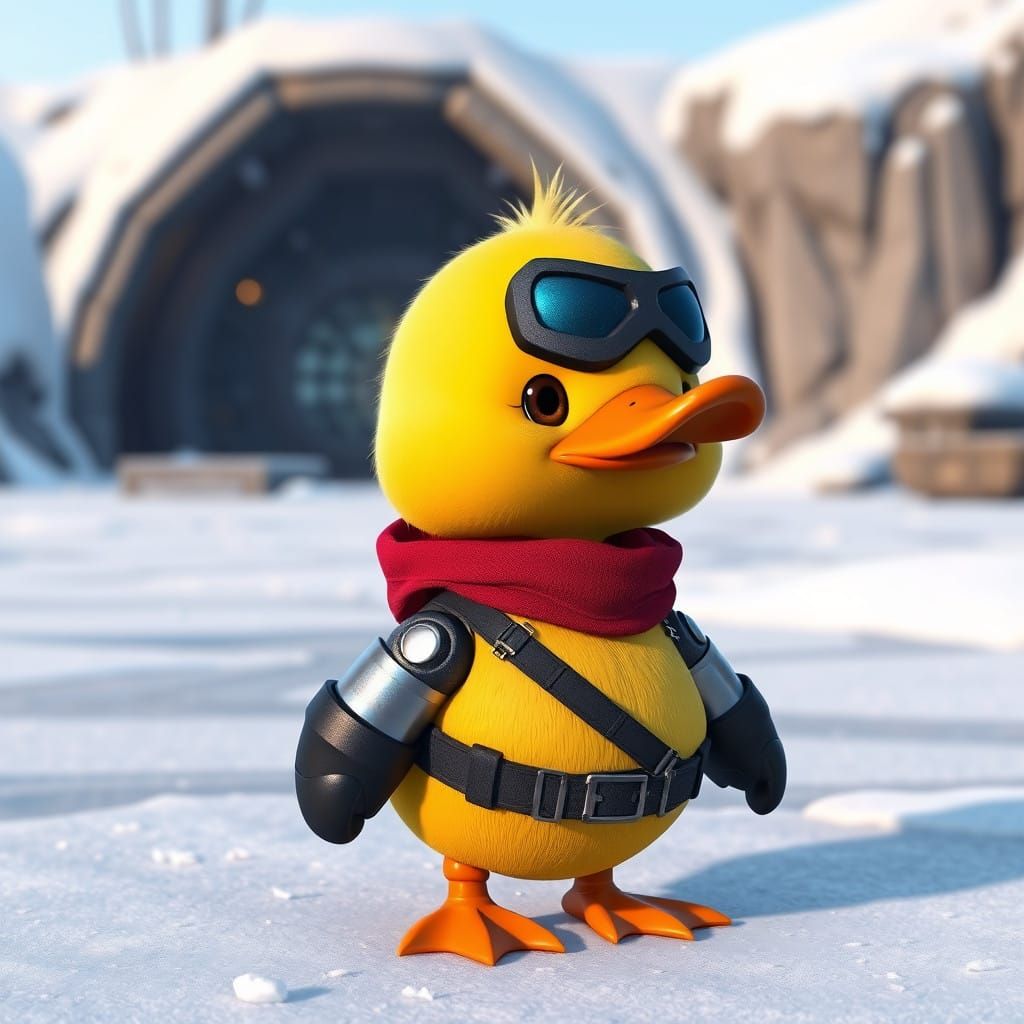 Adorable Ducky in Winter Soldier Costume Stands in Snowy HYD...