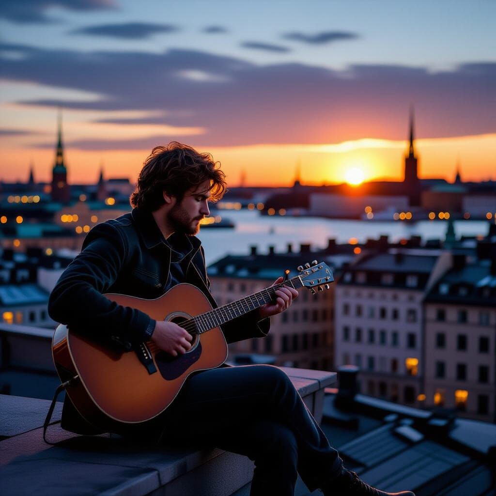 Stockholm Dusk: Solitary Musician's Rooftop Serenade