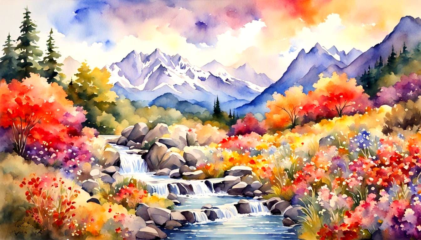 Watercolor Landscape with Vivid Floral Display