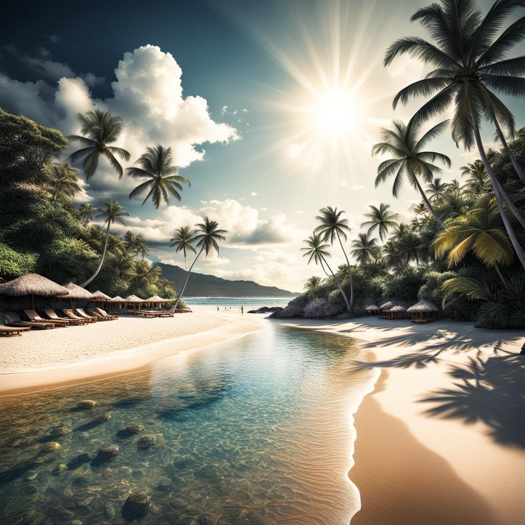 Hyperrealistic Tropical Beach Scene with Sunbathers