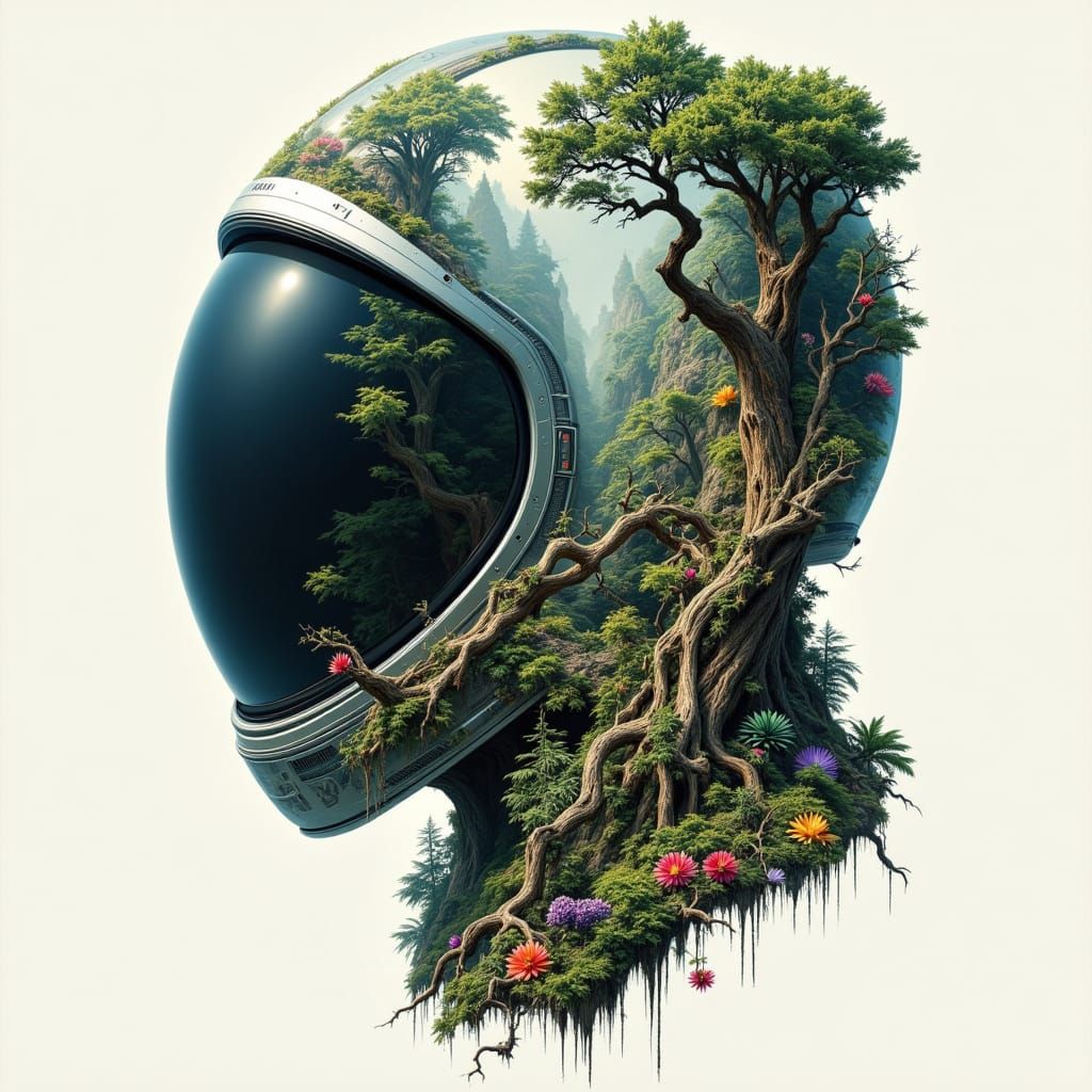 Surreal Futuristic Jungle Scene in Stark, High-Contrast Mult...