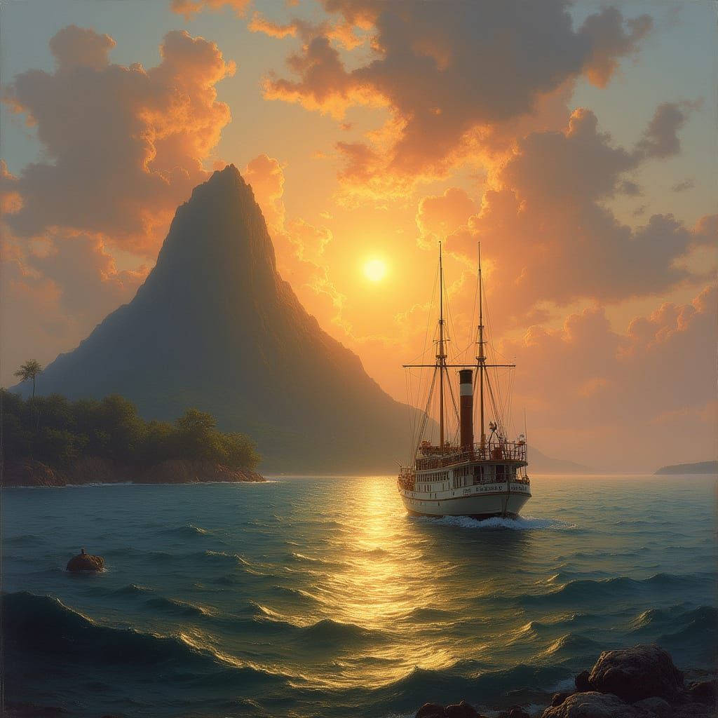 Majestic 19th Century Steam Boat Approaches Tropical Island