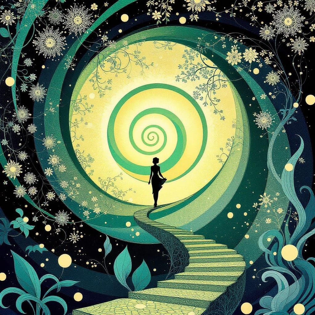 Art Nouveau Street Scene with Geometric Spirals and Radiant ...