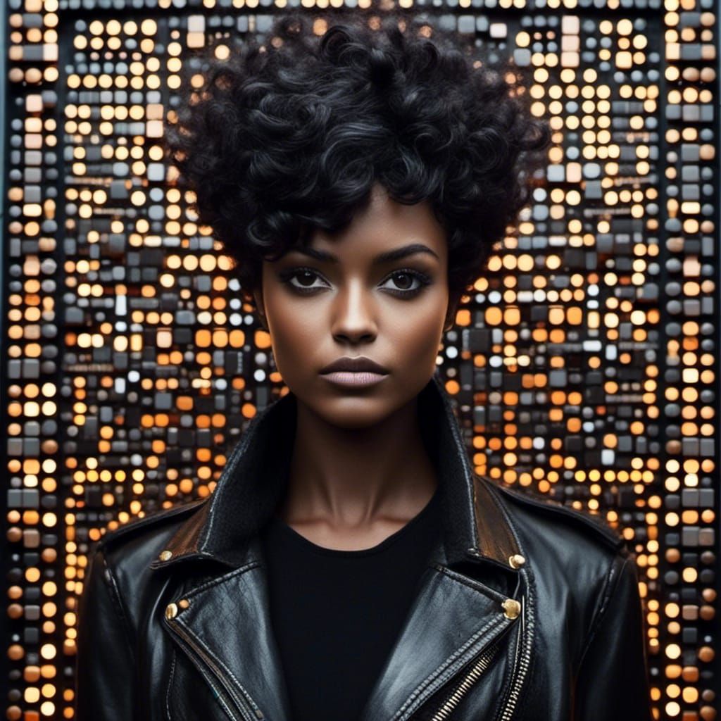 Young Woman with Pixie Cut in Leather Jacket