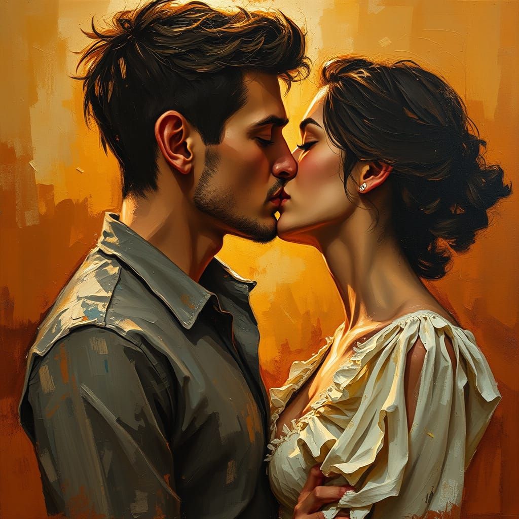 Intimate Oil Painting of a Passionate Couple