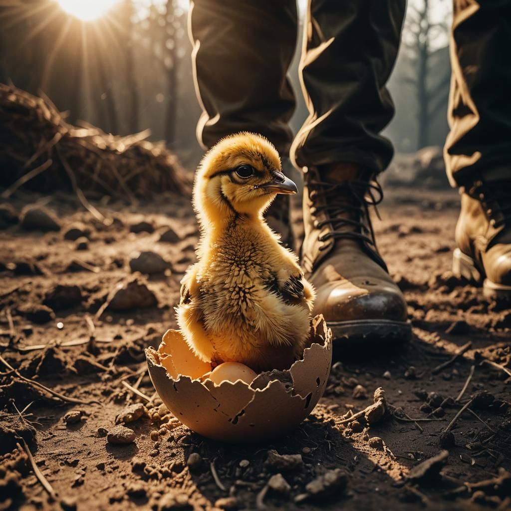 Chick Hatching Under Military Boot: Macro Cinematic Still