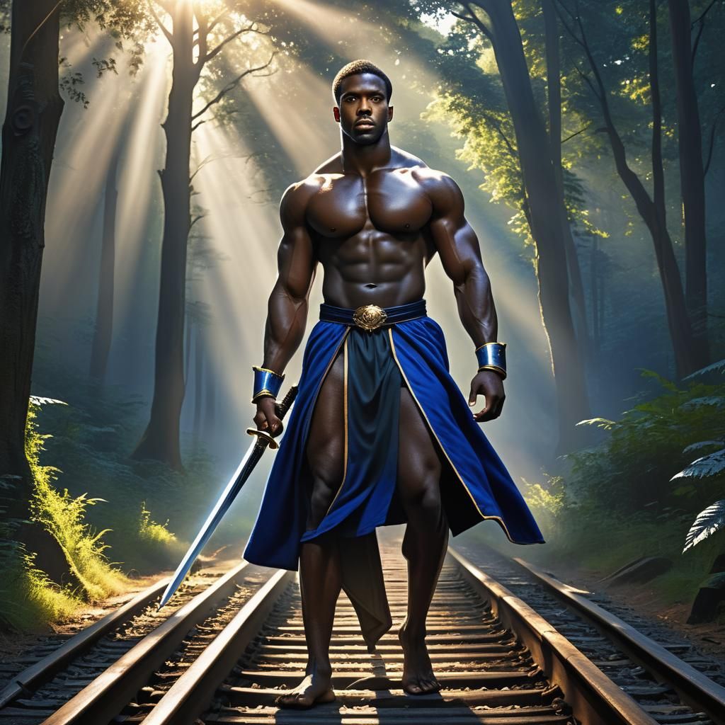 Black Warrior on Train Tracks: Hyper-Realistic Digital Art