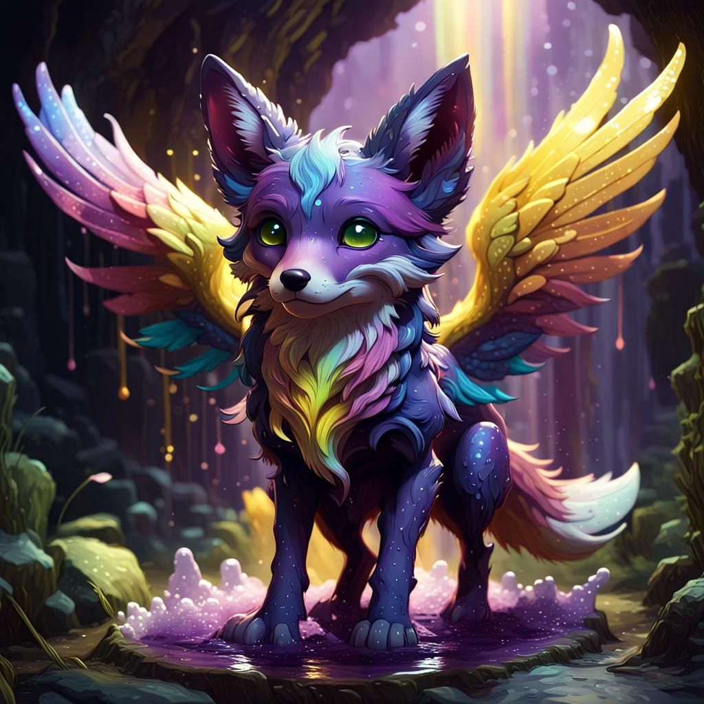 Rainbow Winged Slime Fox Pup in Dark Fantasy Style