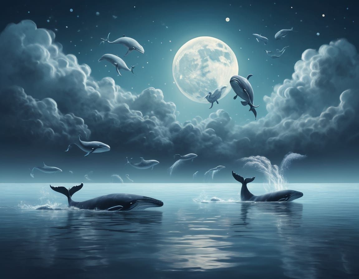 Surreal Whales Swim Over the Moon in a Dreamlike Scene