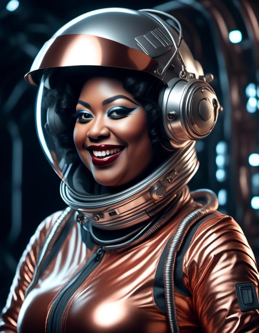 <lora:BBW and Curvy:1.0> A smiling young black woman in 1920's retrofuture silver and copper spacesuit adventuring gear ...