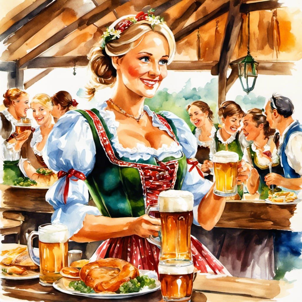 Oktoberfest Scene: Woman Serving Beer in Watercolor Style