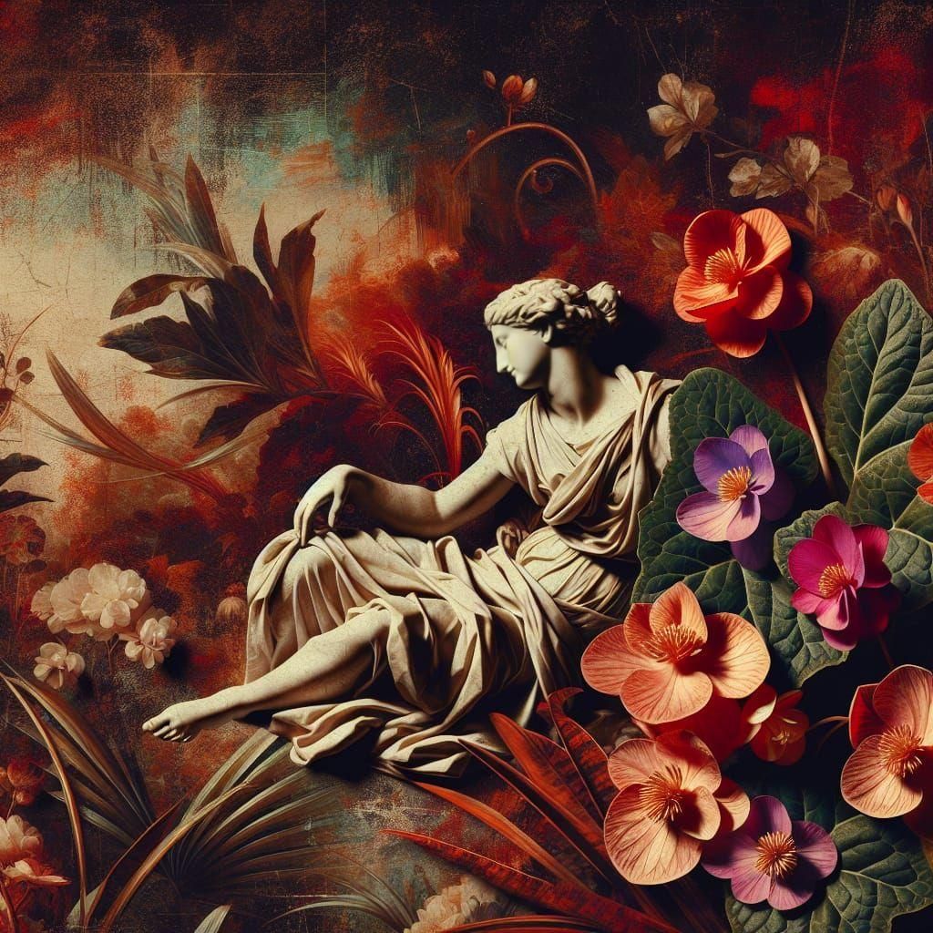 Textile Sculpture Amongst Begonias in Oil Paint Style