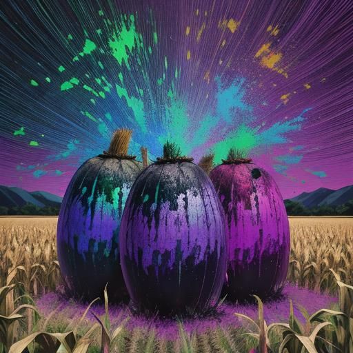 Abstract Tachisme Cornfield with Neon Paint Splatters
