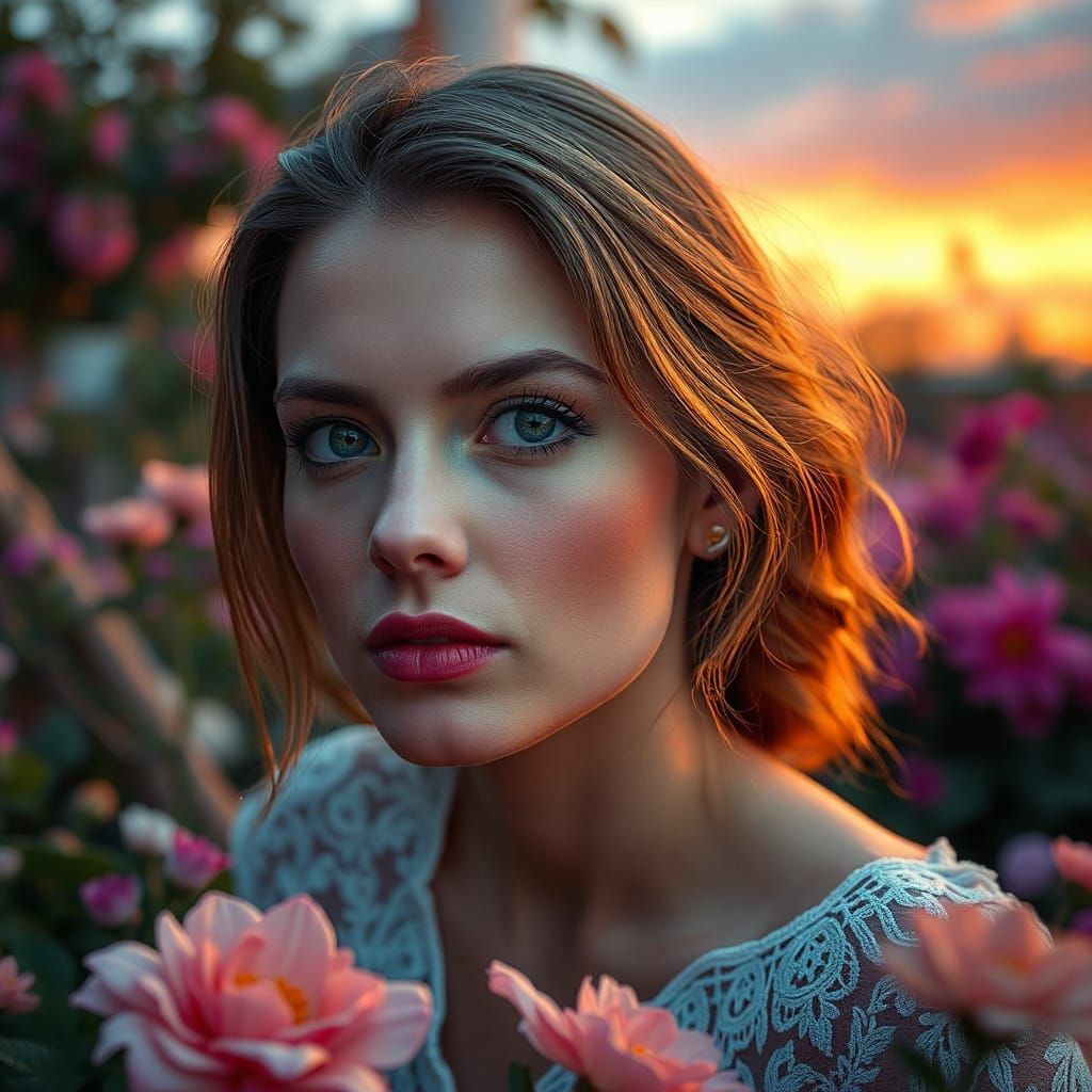 Fairy Woman in Flower Garden at Sunset