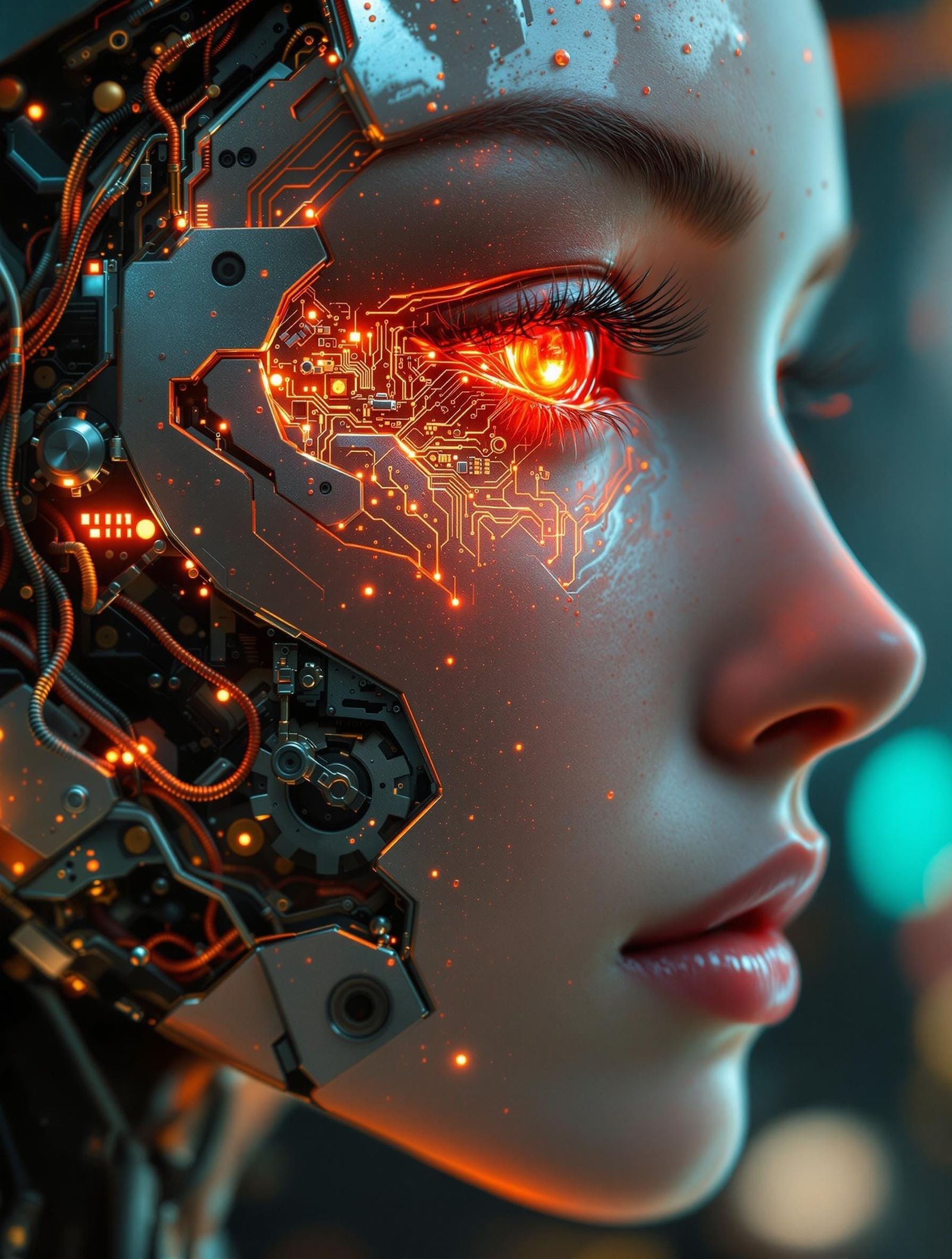 Hyper-Realistic Robotic Woman's Face in Cyberpunk Style