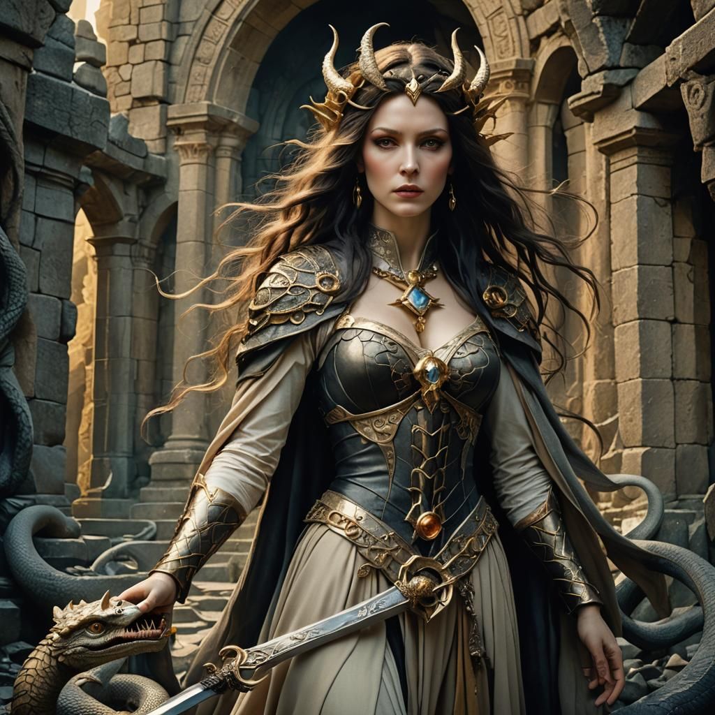 Sorceress with Serpents in Surreal Stone Temple