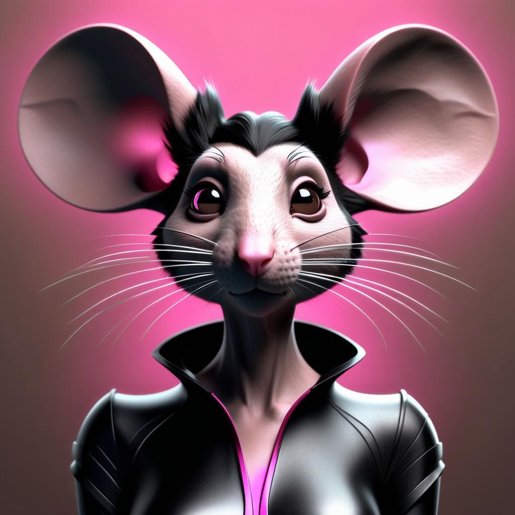 Anthropomorphic Mouse Woman Portrait in Black and White