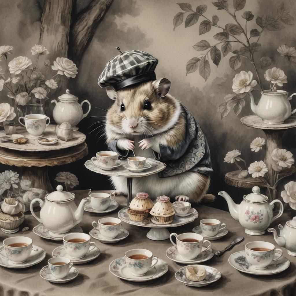 Hamster's Tea Party: A Charcoal Drawing in Watercolour Style