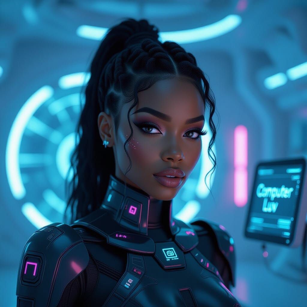 Futuristic AI Woman in Neon-Lit Lab