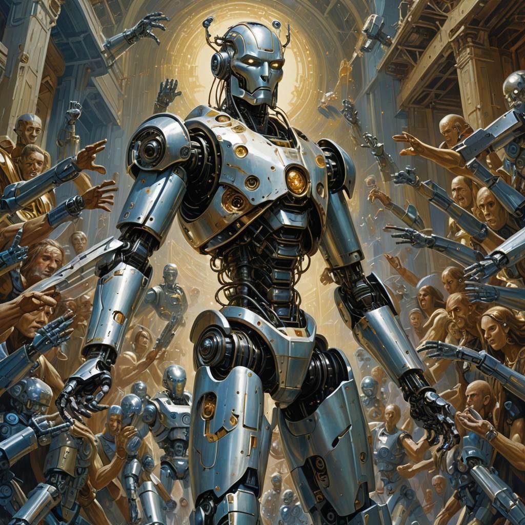 Robot God Leading Congregation, in Fantasy Art Style