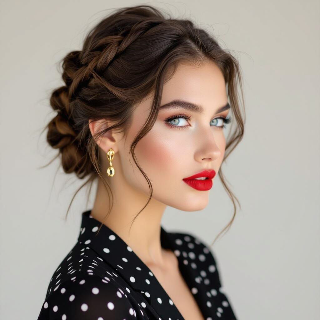 Elegant Woman with Braided Bun and Polka Dots