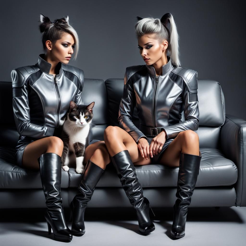 Sci-Fi Women Cuddle Cat on Leather Sofa