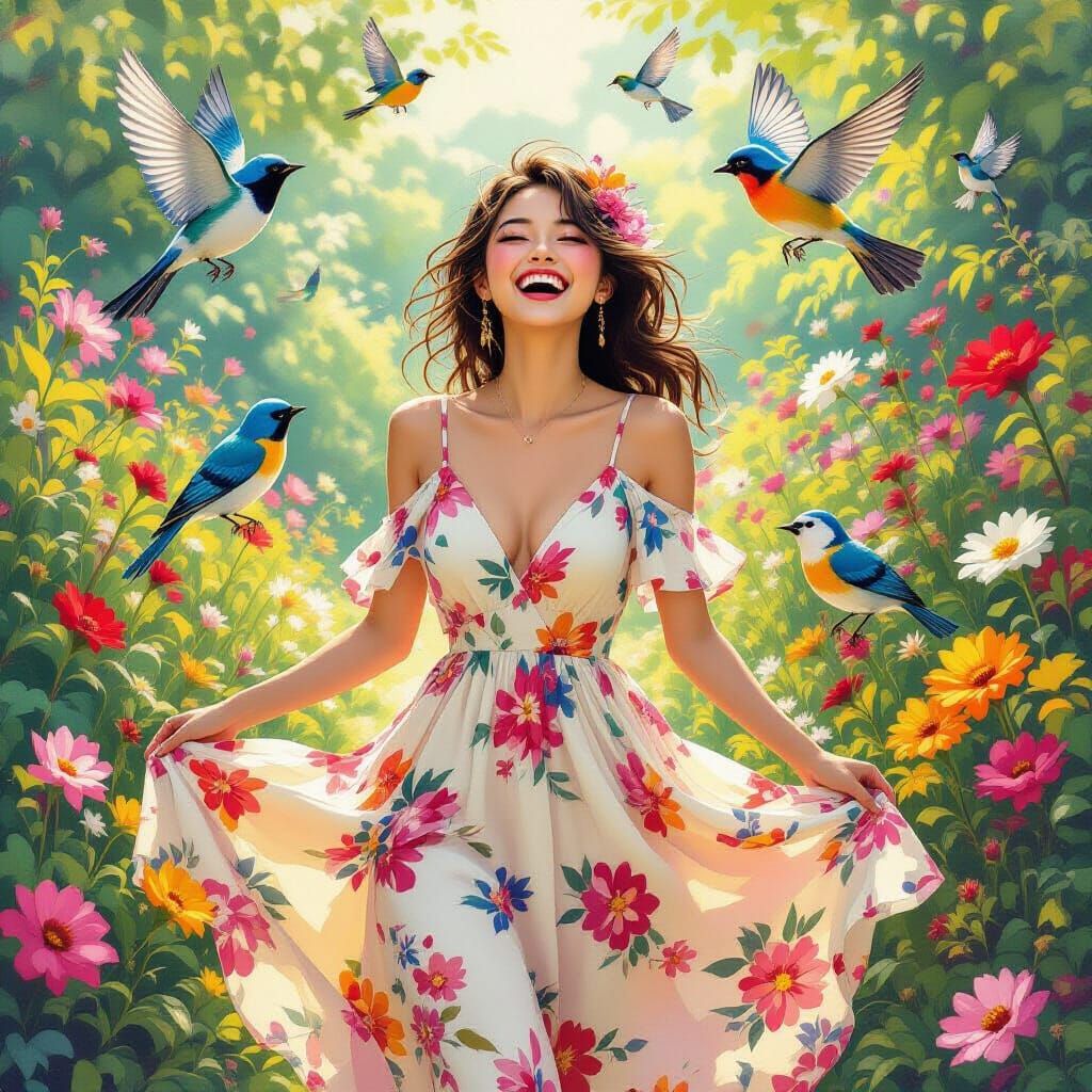 Woman Laughing with Birds in Whimsical Garden