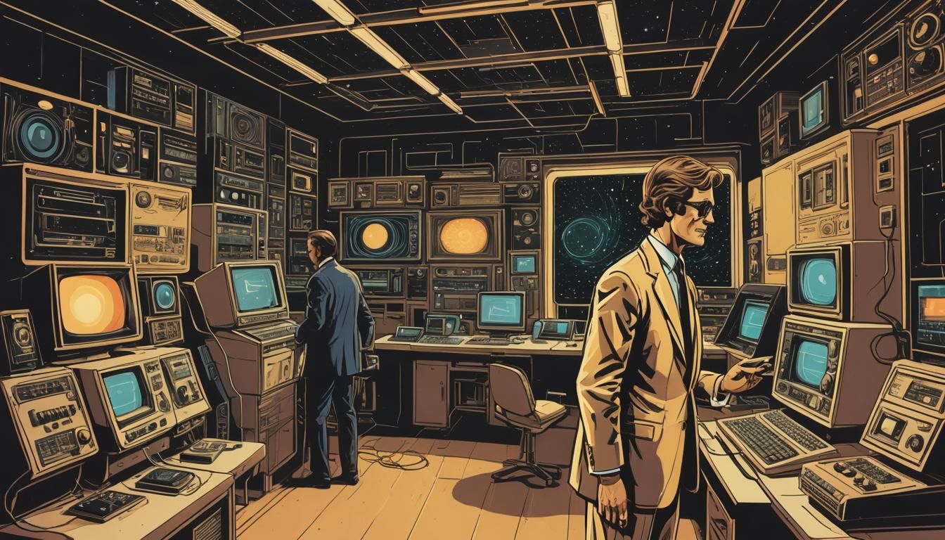 Retro Futurism Businessman Recording Black Hole Radiation