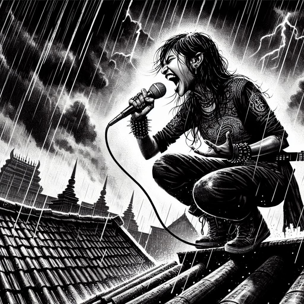 South Asian Rocker Screaming on Rooftop in Gothic Art Style