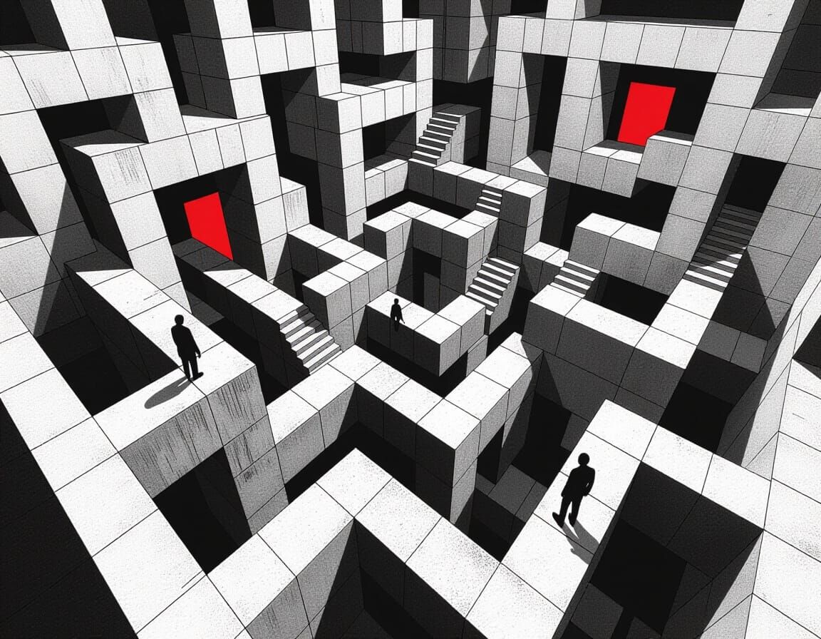Brutalist Labyrinth Inspired by Escher in Op Art Style