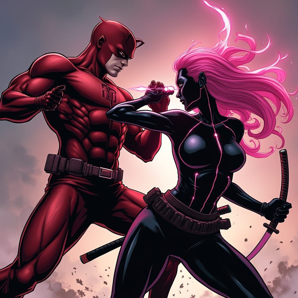 Daredevil and Psylocke Duel in Comic Book Style