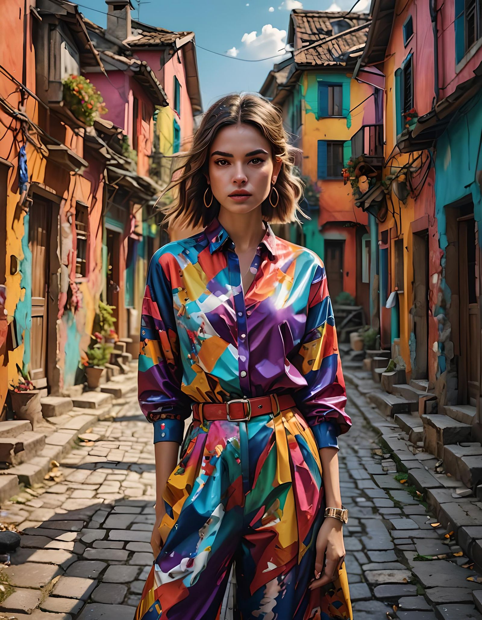 Hyperrealistic Girl Posing in Colorful Village