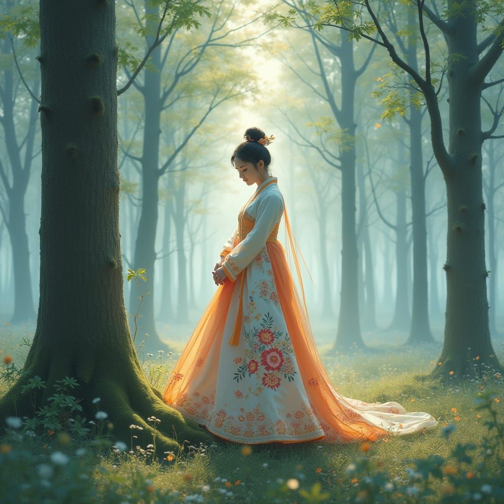 Korean Woman in Hanbok Dress in Misty Forest