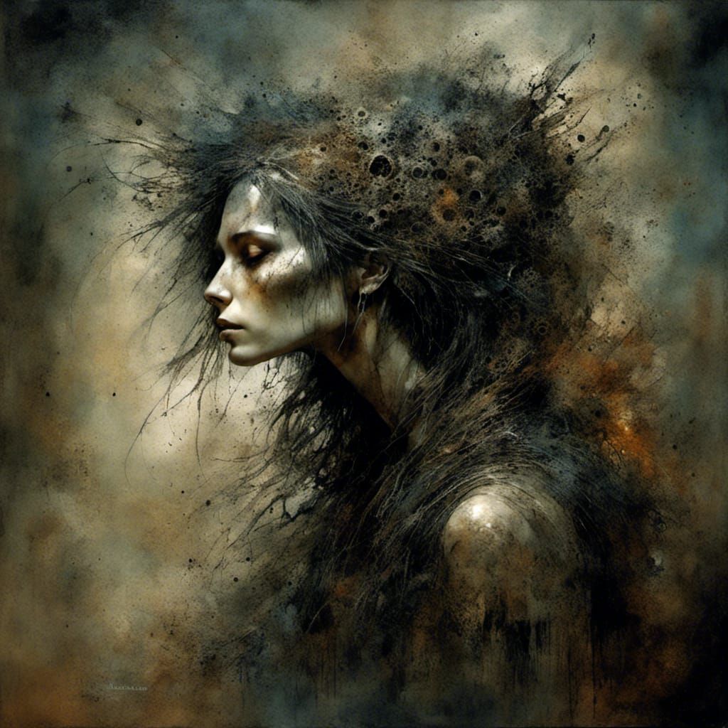 <lora:Tragic red:1.0> <lora:ArchetypalImagery:1.0>  tragic, despair, gothic Intricate detail Sharp contrast. A woman hau...