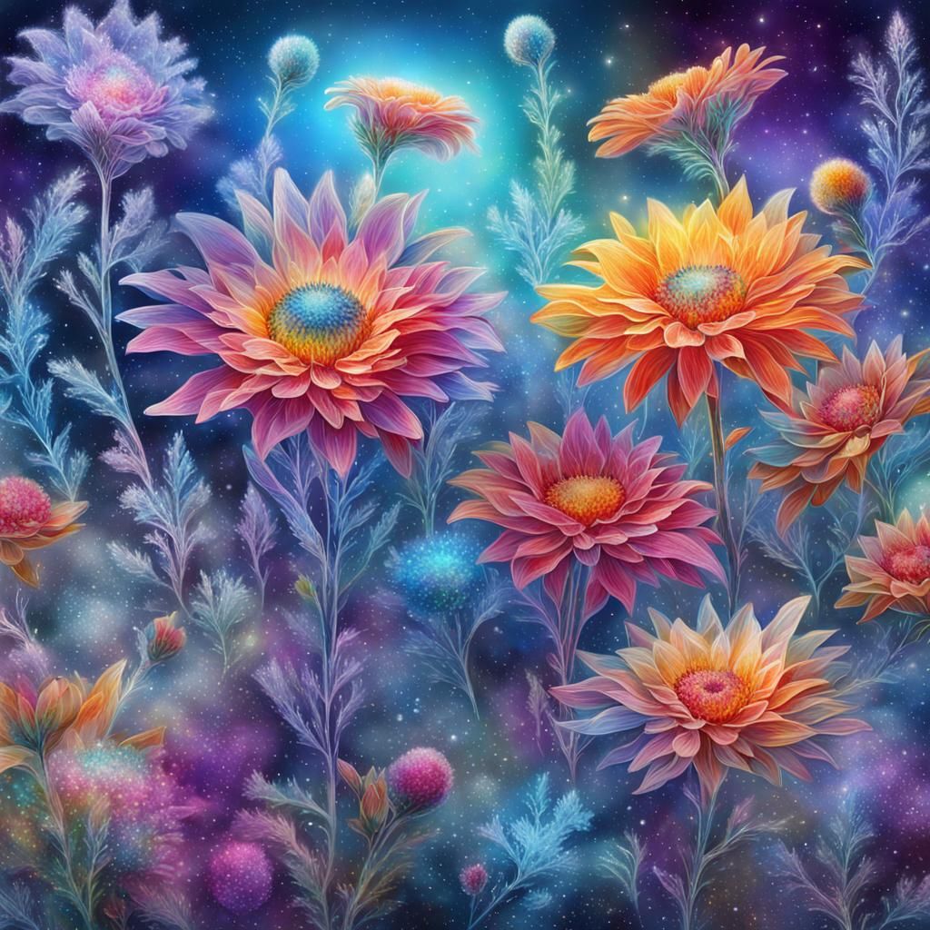 Frost on Colorful Flowers in Mixed Media Style
