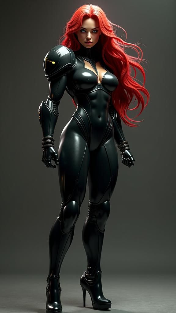 Muscular Woman in Black Armor, Sci-Fi Photorealism