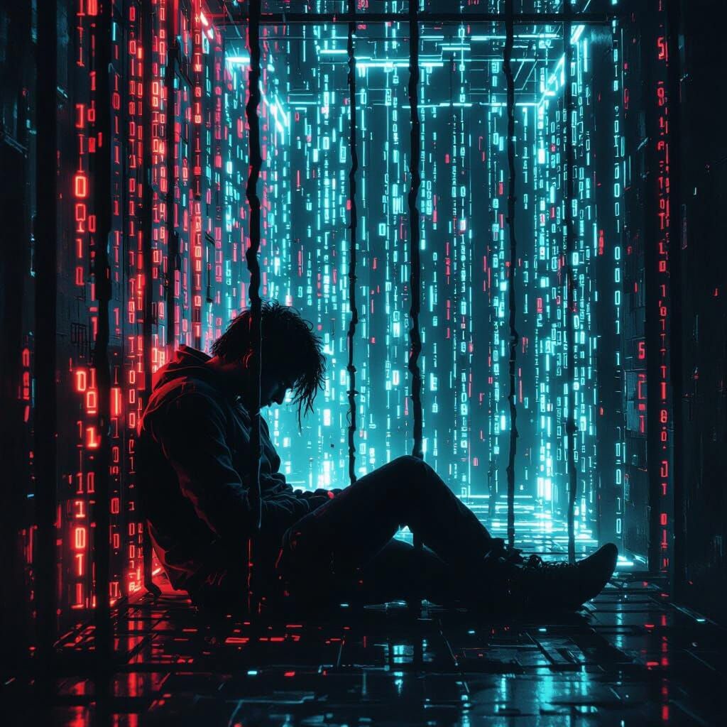 Digital Prisoner Trapped in Binary Code Cage