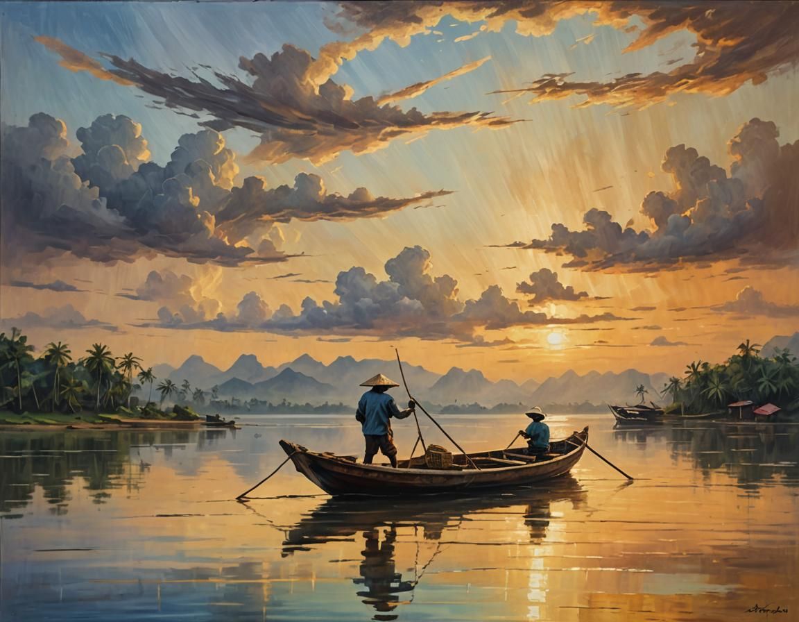 Indonesian Fisherman at Sunset: Impressionistic Oil Painting