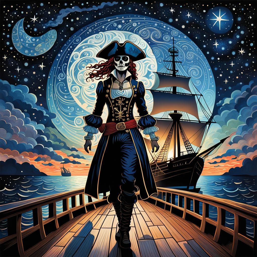 Pirate Silhouette Under Starlit Sky, Zentangle Art