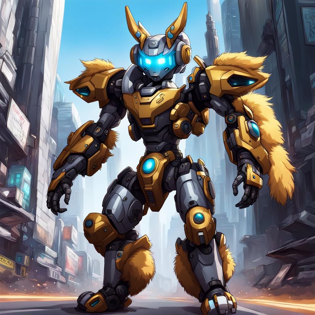 Robotic Furry Protogen Character in Cyberpunk City