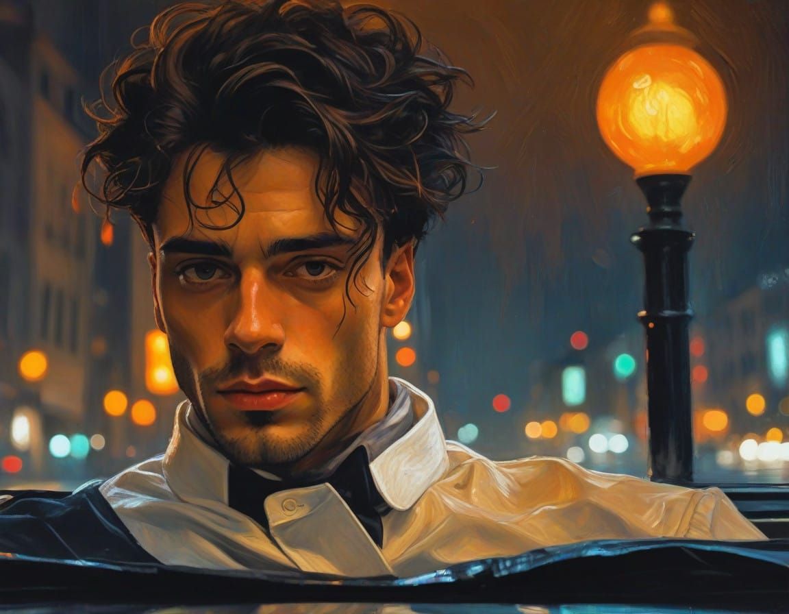 Tall Model in Black Tuxedo with Cityscape Background