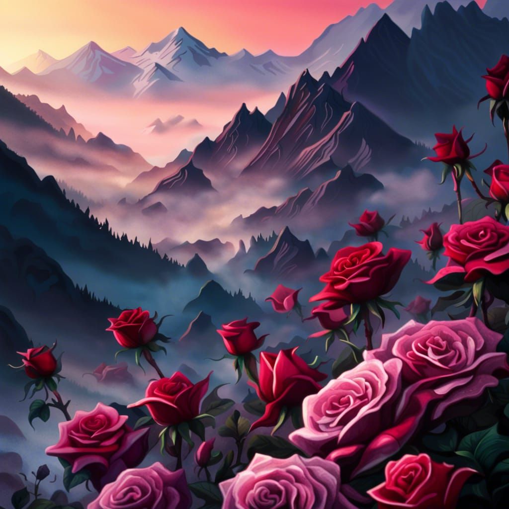 Misty Mountains and Roses in Hyperrealistic Splash Art